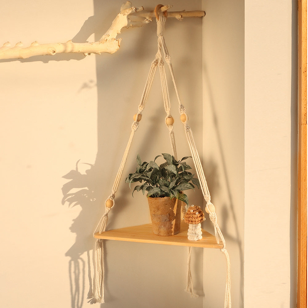 Bohemian Wall Hanging Shelf – Natural Wood & Cotton Rope
