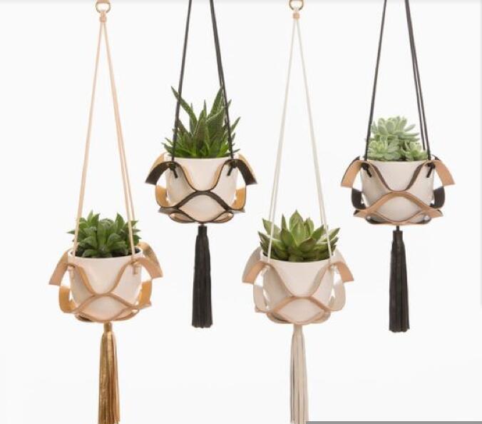 Leather & Cotton Macrame Hanging Basket – Boho Wall Planter