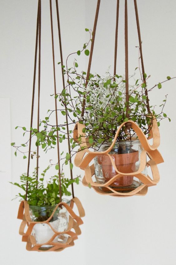 Leather & Cotton Macrame Hanging Basket – Boho Wall Planter