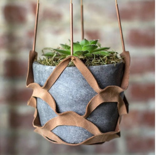 Leather & Cotton Macrame Hanging Basket – Boho Wall Planter