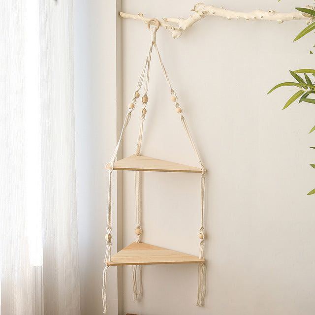 Bohemian Wall Hanging Shelf – Natural Wood & Cotton Rope