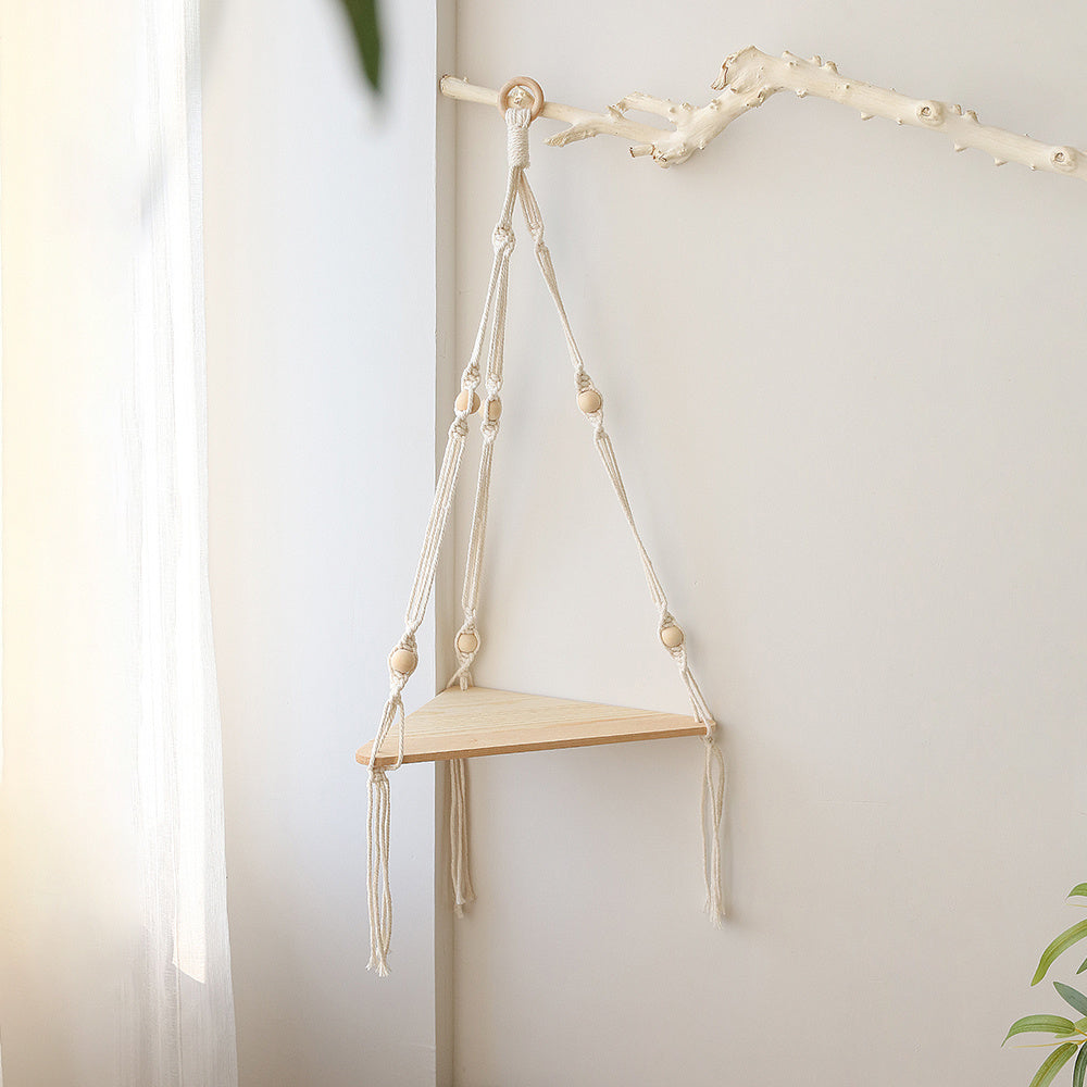 Bohemian Wall Hanging Shelf – Natural Wood & Cotton Rope