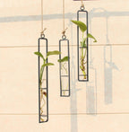 Three hanging planters with green plants against a beige wall.