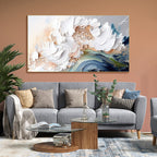 Living room with a gray sofa, decorative pillows, and a large floral painting on the wall.  AeroWave – Modern Textured Art