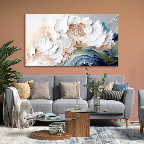 Living room with a gray sofa, decorative pillows, and a large floral painting on the wall.  AeroWave – Modern Textured Art