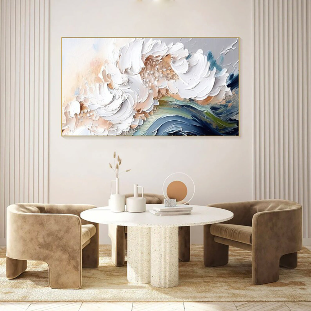 Modern living room with abstract floral painting, round table, and beige chairs. AeroWave – Modern Textured Art