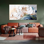 Living room with a colorful abstract painting on the wall above a sofa.