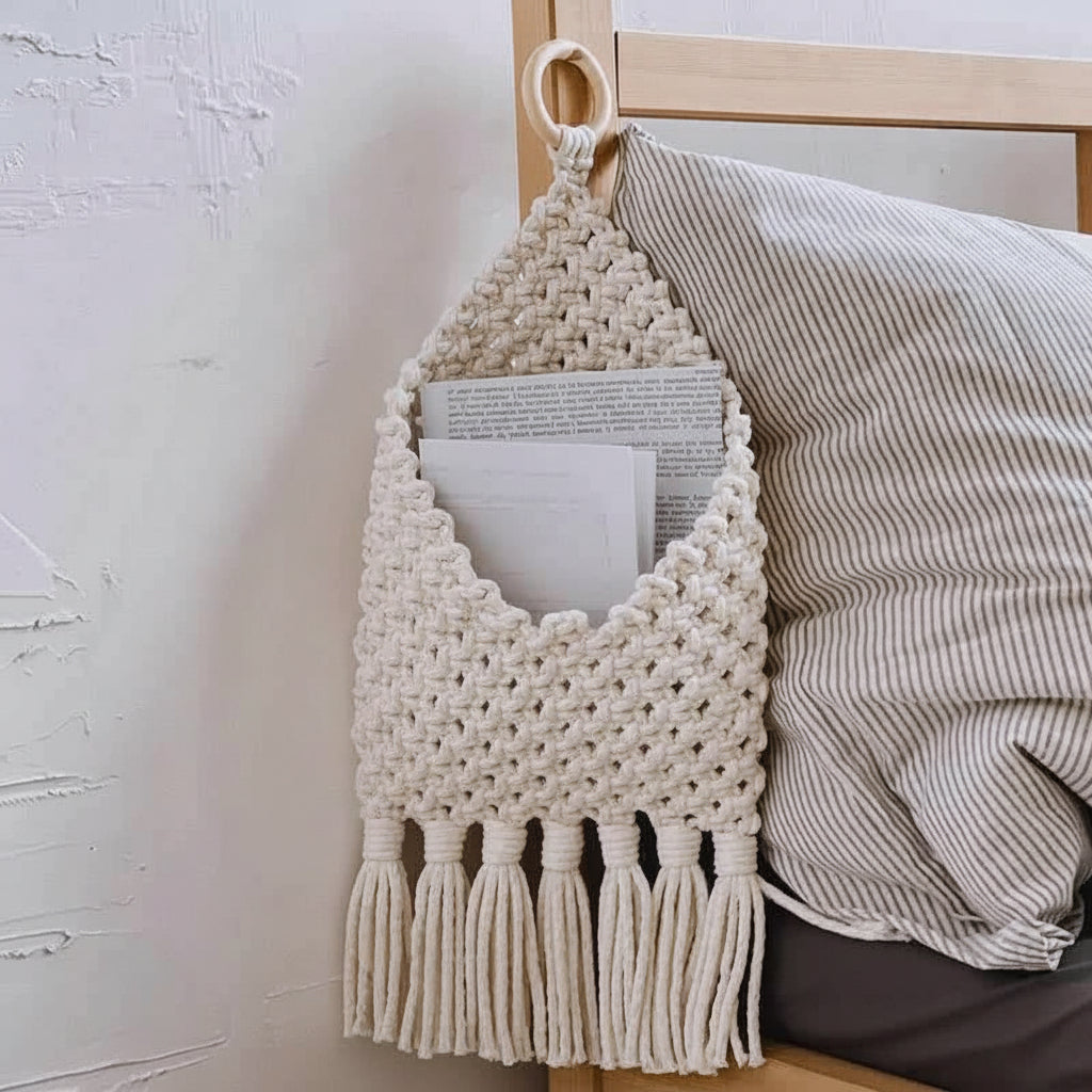 Macrame wall hanging with tassels holding books against a white wall.