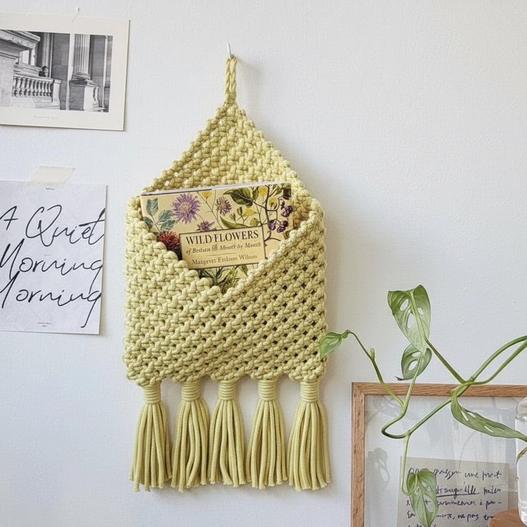 Yellow woven wall hanging with tassels on a white wall with decorative elements.