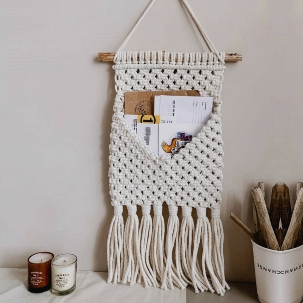 Macrame wall hanging with tassels on a white wall, next to candles and a mug.