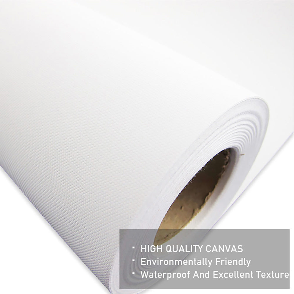 Roll of high-quality canvas with text highlighting its features on a white background