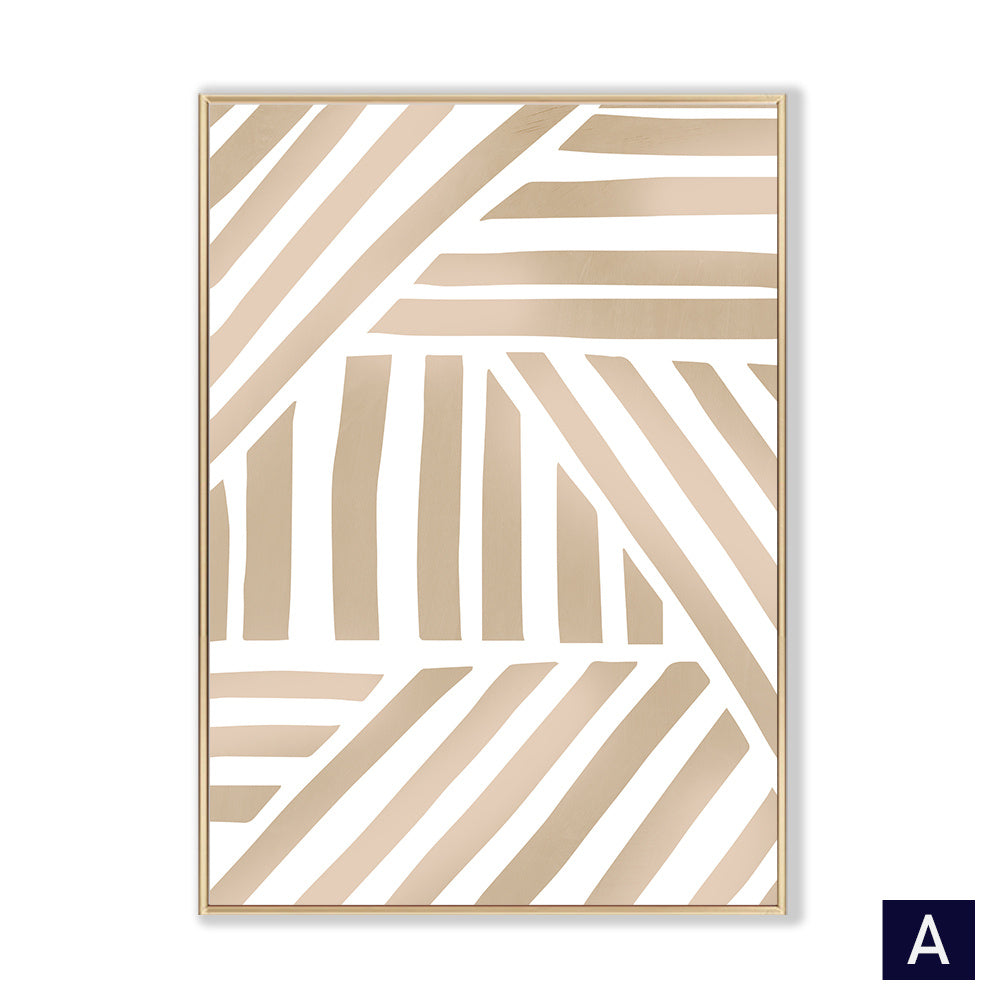 Geometric patterned wall art with a gold frame on a white background