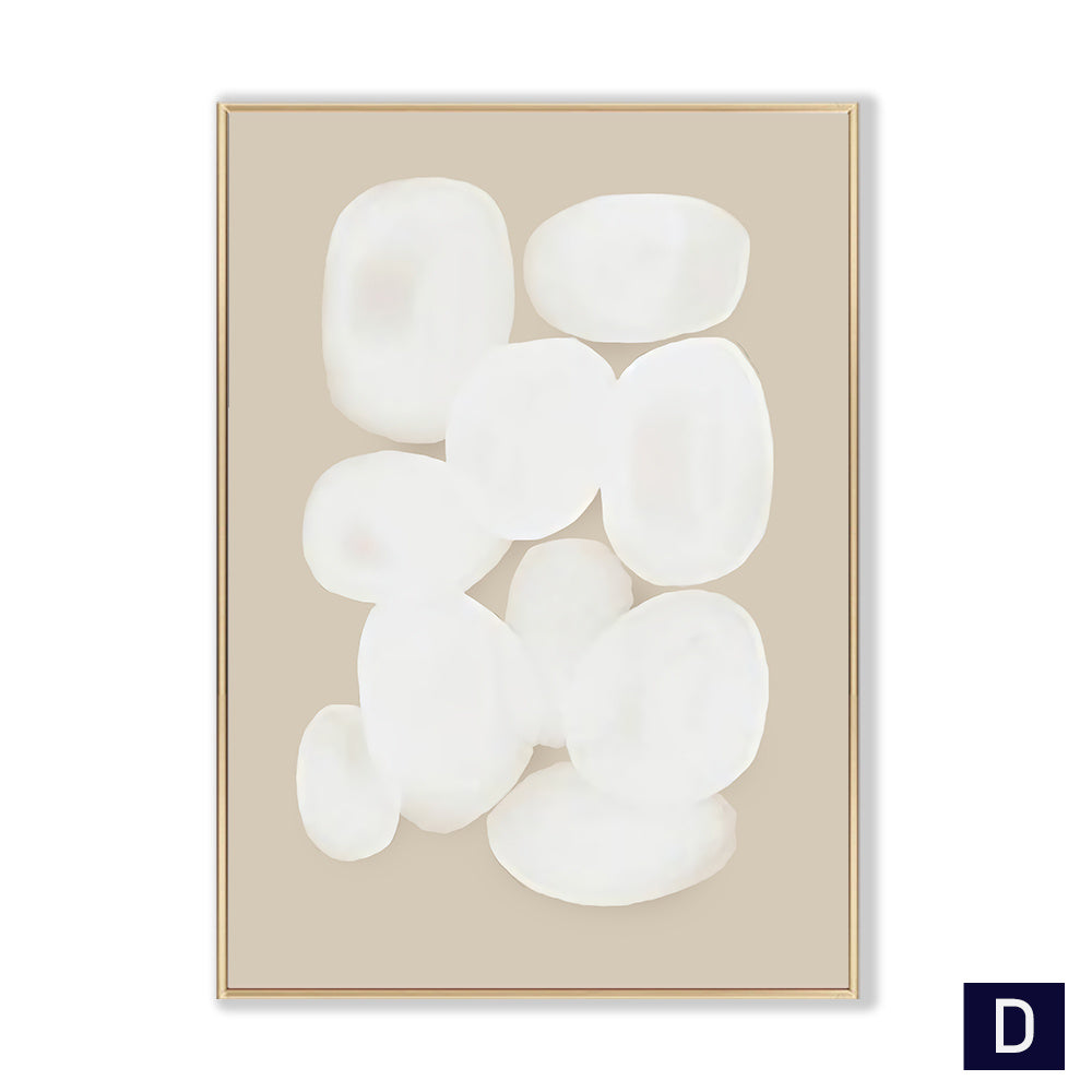 Framed abstract art with white shapes on a beige background