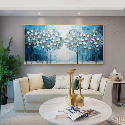 Textured hand painted canvas wall art with premium acrylics above the modern living room.