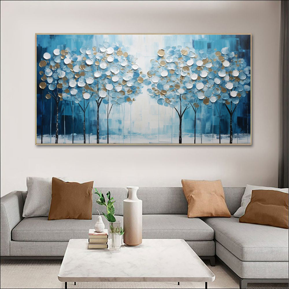 Living room with a hand-painted abstract canvas crafted using premium acrylics and a palette-knife technique.