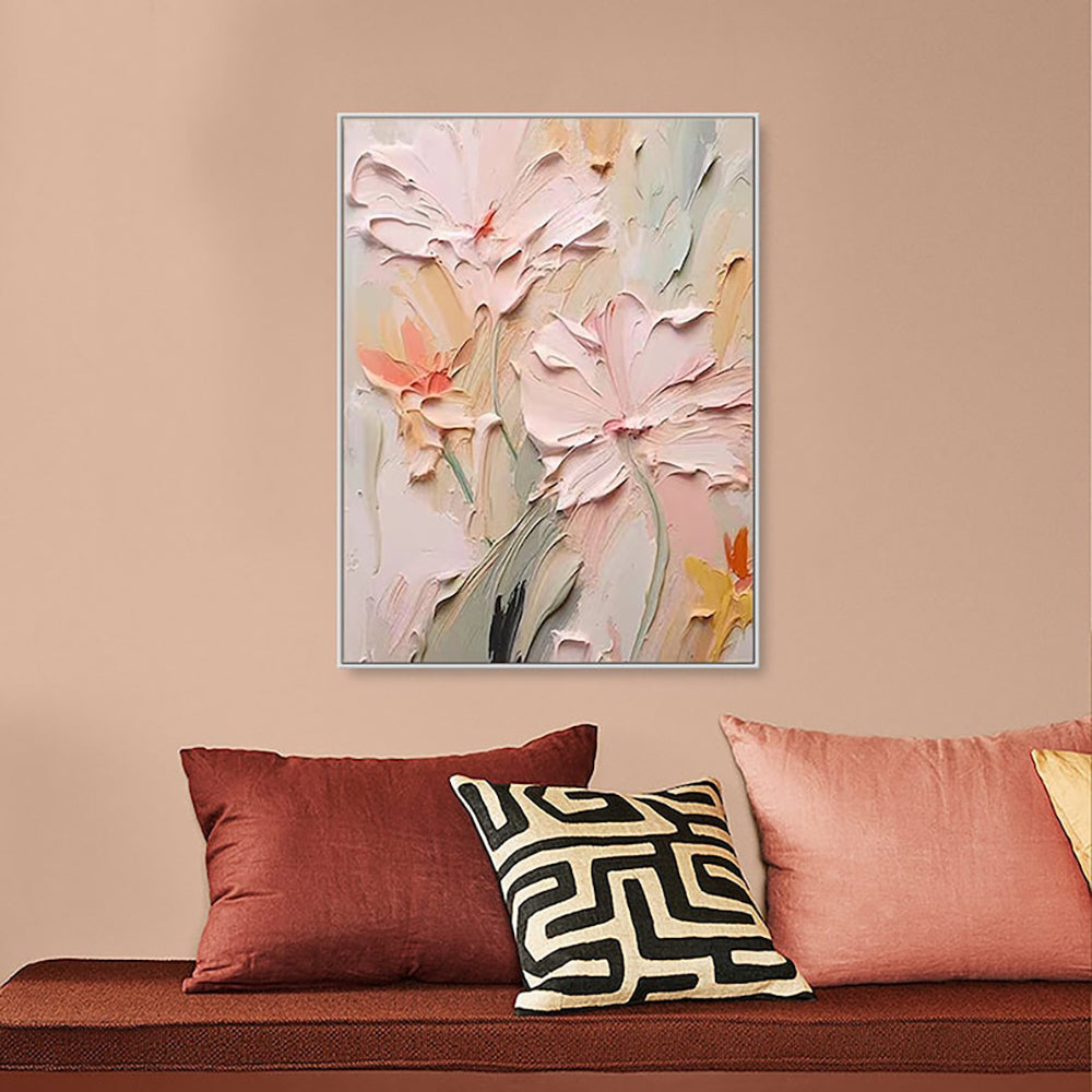 Hand-textured floral painting displayed on a living room wall, modern home decor accent piece.
