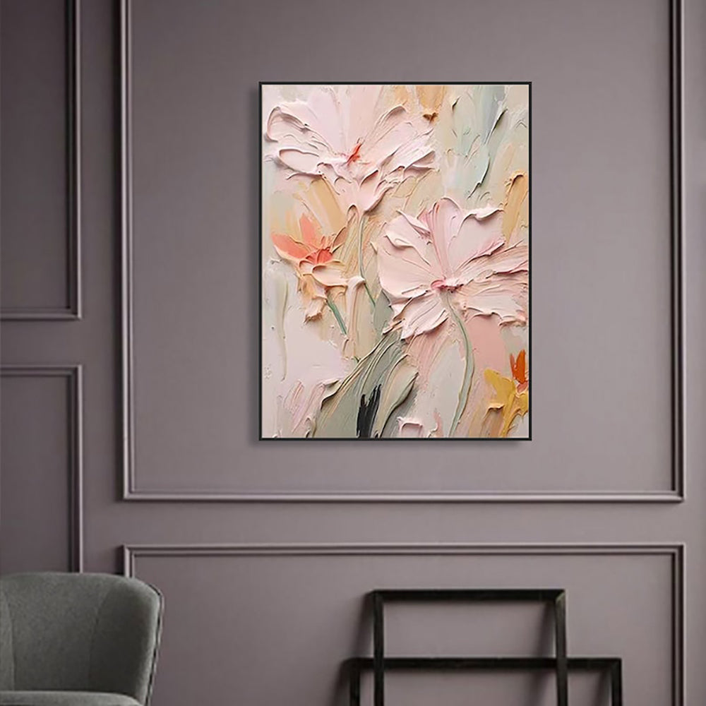 Textured floral painting on a gray wall with a chair and shelf in the foreground.