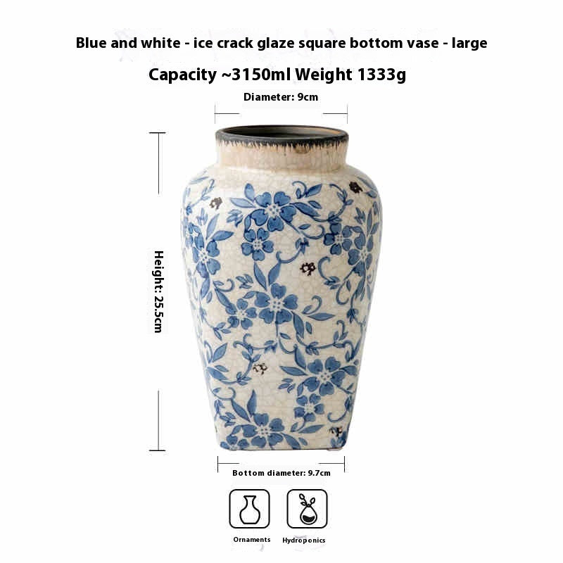 Decorative blue-and-white vase with antique-inspired cracked pattern