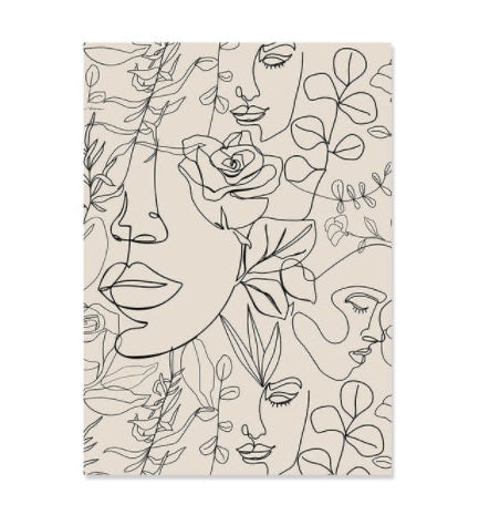 Beige rug with black line art of faces and floral patterns