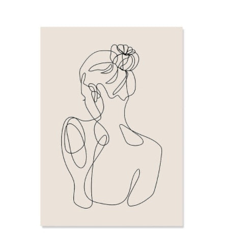 Minimalist line art of a woman with a flower in her hair on a beige background