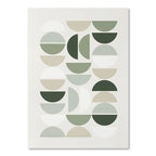 Poster with geometric circular pattern in green and beige on a white background