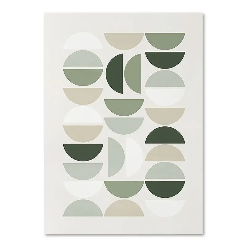 Poster with geometric circular pattern in green and beige on a white background