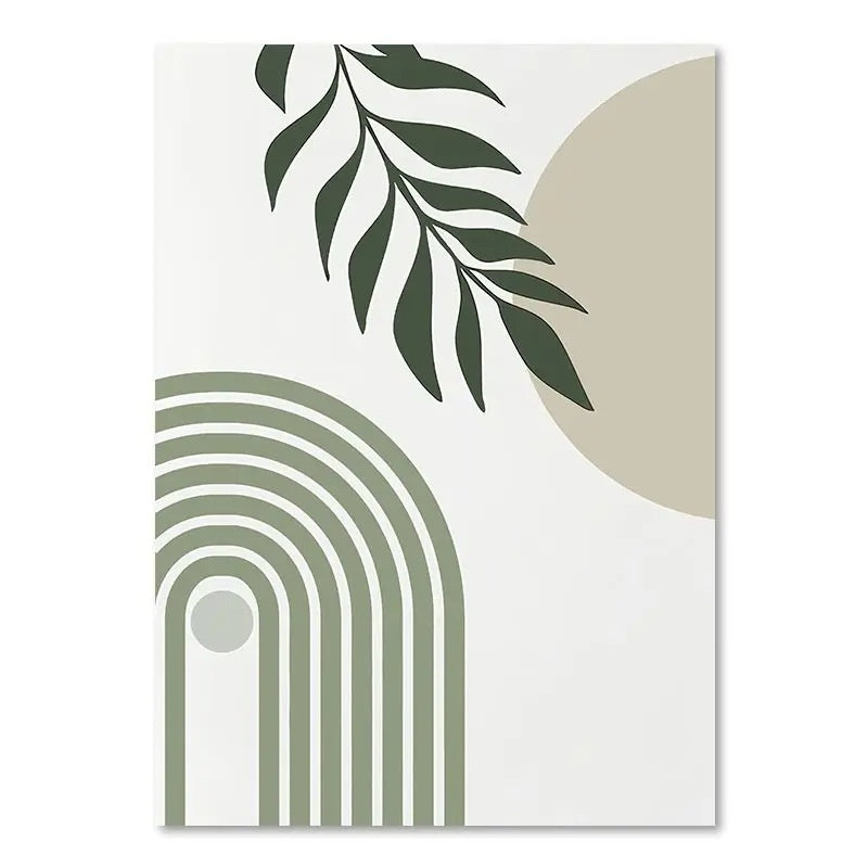 Abstract design with green arches, leafy branches, and a beige circle on a white background