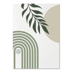 Abstract design with green arches, leafy branches, and a beige circle on a white background