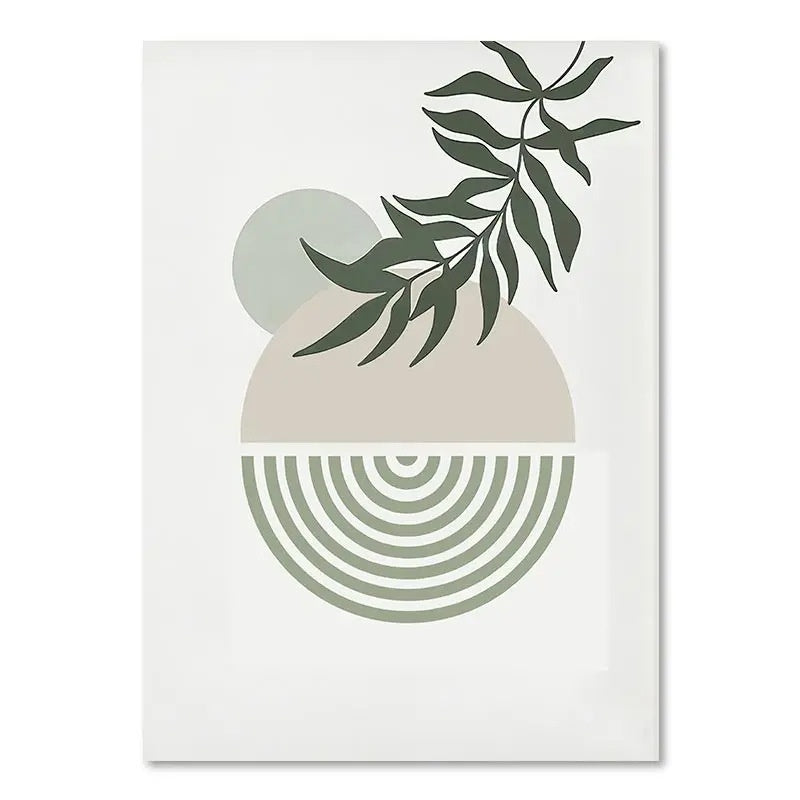 Decorative poster with abstract design featuring leaves and geometric shapes on a white background