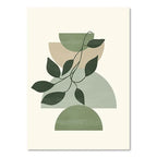 Art print with green leaves and abstract shapes on a beige background