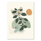 Art print with abstract shapes and leaves on a beige background