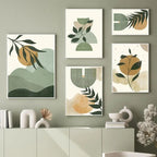 Set of five framed abstract art prints with green and beige colors on a wall.