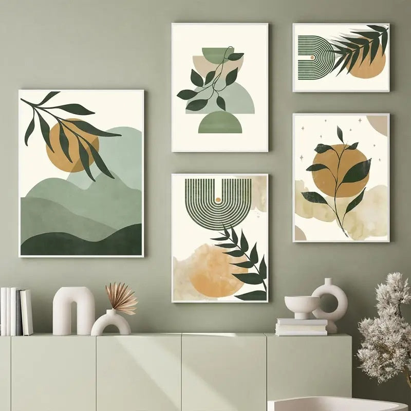 Set of five framed abstract art prints with green and beige colors on a wall.