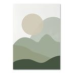 Simplified landscape design with a sun, mountains, and rolling hills on a white background