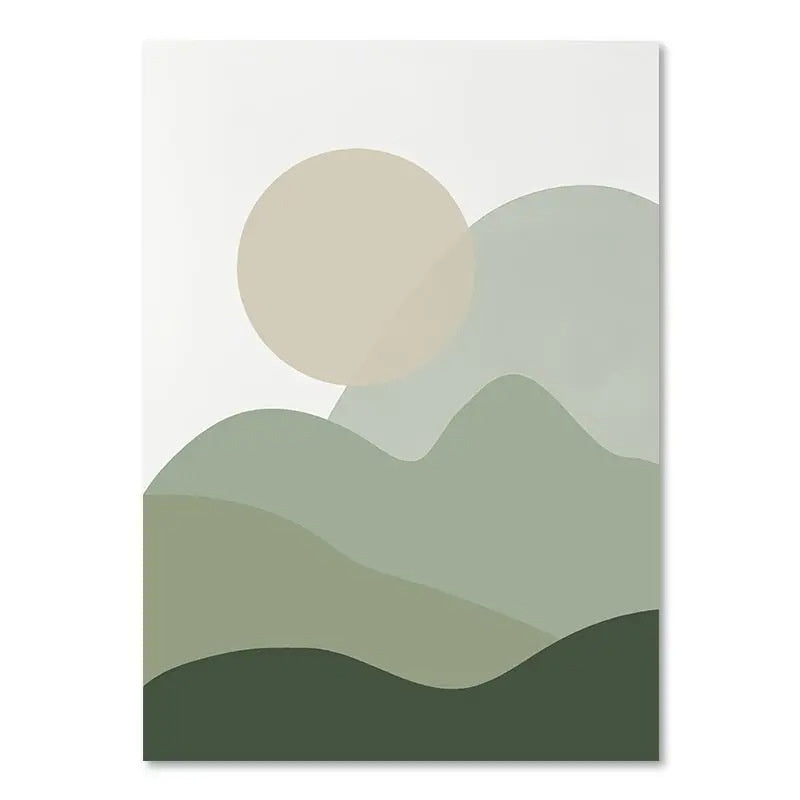 Simplified landscape design with a sun, mountains, and rolling hills on a white background