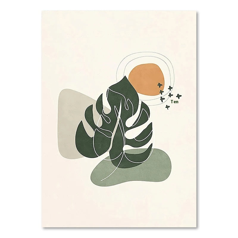 Art print with green leaf design and brown circle on beige background