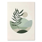 Art print with green leaves and abstract shapes on a beige background