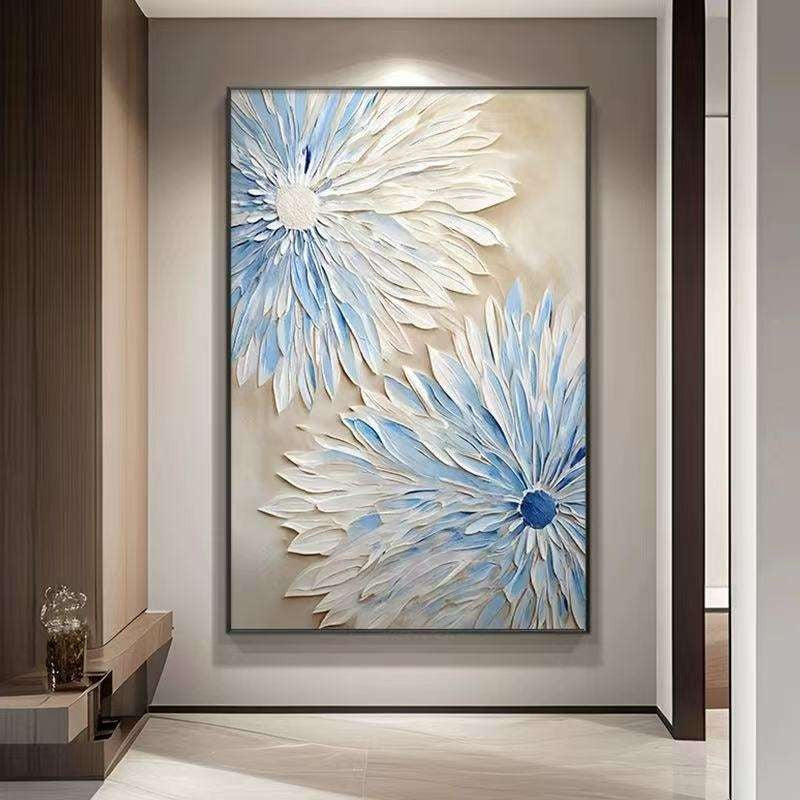 Abstract floral painting in a modern interior setting. Celestia Bloom – Hand-Painted Blue & White Floral Canvas