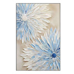 Decorative wall art with blue and white floral designs on a beige background