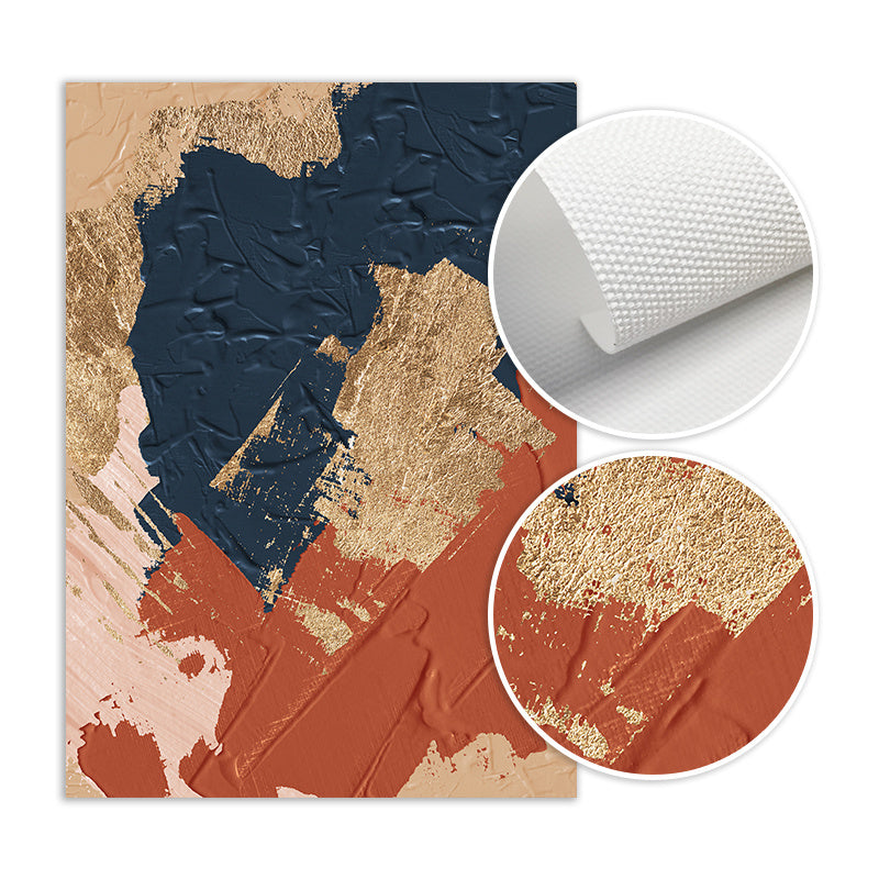 Textured wall art with abstract design in navy, gold, and red on a beige background.