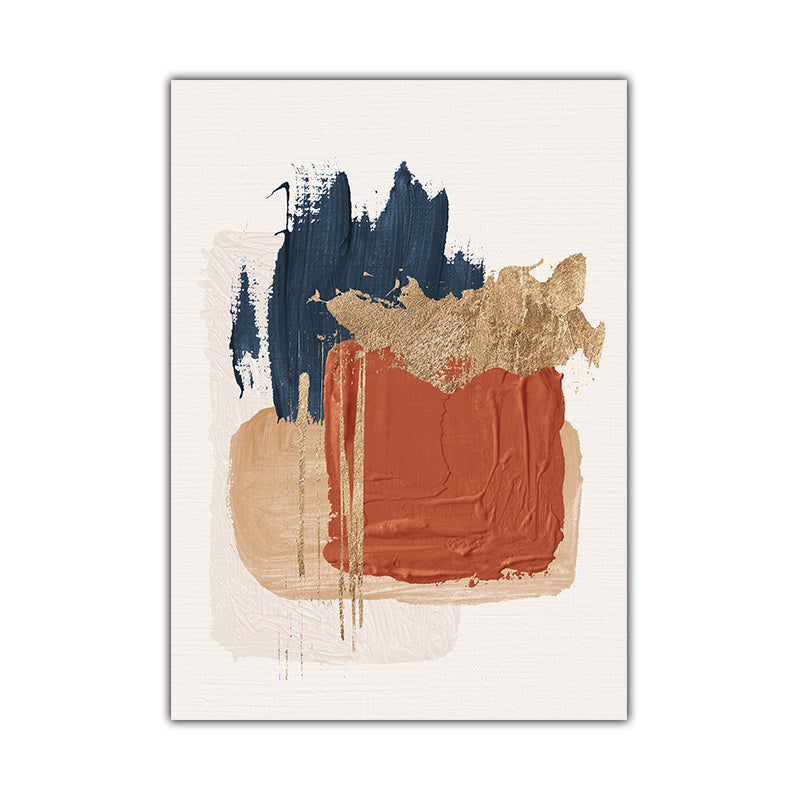 Abstract art print with blue, gold, and red abstract shapes on a beige background
