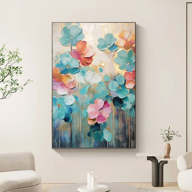 Colorful abstract floral painting on a wall in a living room setting
