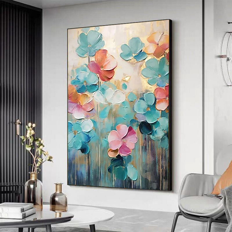 Abstract floral painting in a modern living room setting