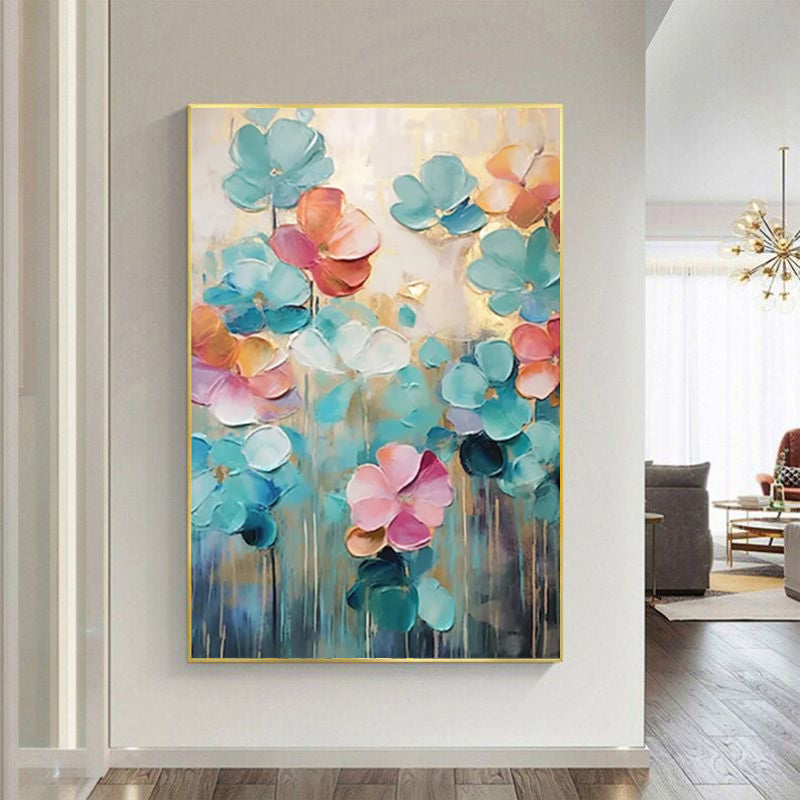 Colorful floral painting on a wall in a modern living room