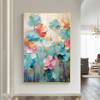 Colorful floral painting on a wall in a modern living room