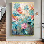 Colorful floral abstract painting on a wall in a home setting