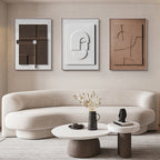 Modern living room with a beige sofa, abstract art, and decorative items. Geometric Morandi Abstract Canvas