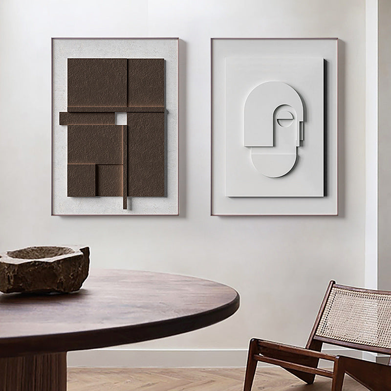 Modern interior with abstract wall art above a round wooden table. Geometric Morandi Abstract Canvas