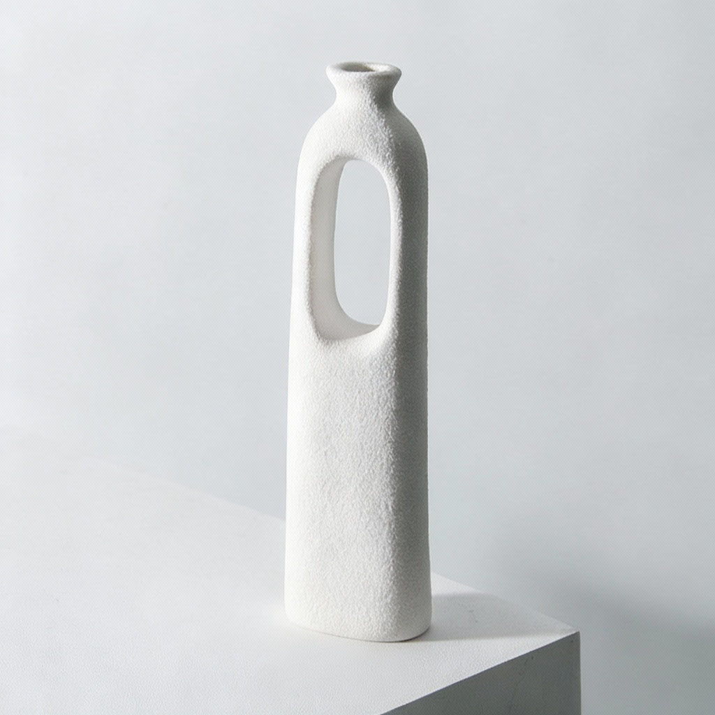 White textured vase with dimensions labeled on a light gray background