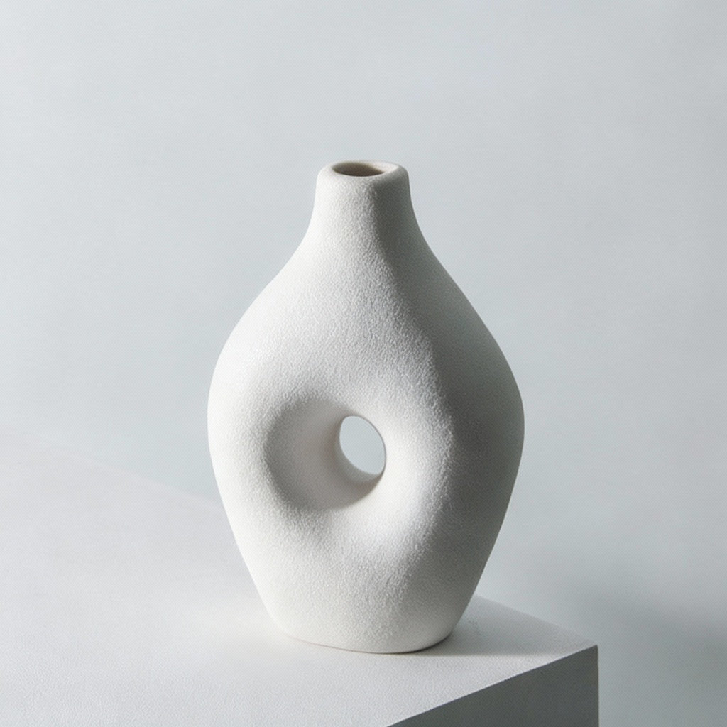 White textured vase with dimensions indicated on a gray background
